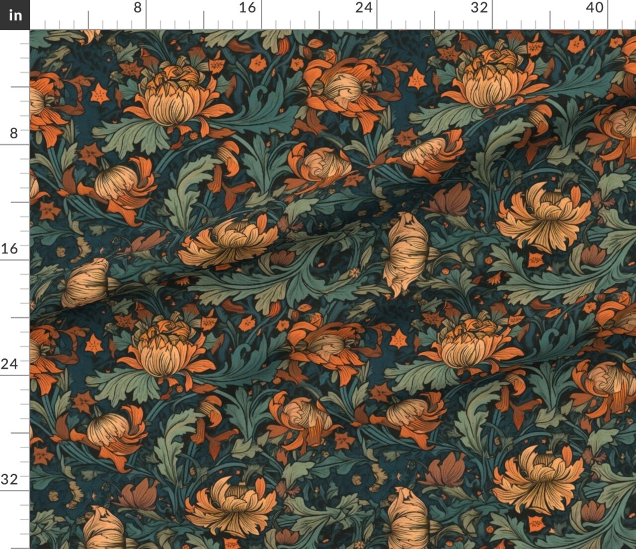 Green Floral Dark Vibrant Art Nouveau Baroque Rococo Acanthus Large Scale Victorian Custom Printed Fabric by Spoonflower Various Fabrics by the Yard or Fat Quarter